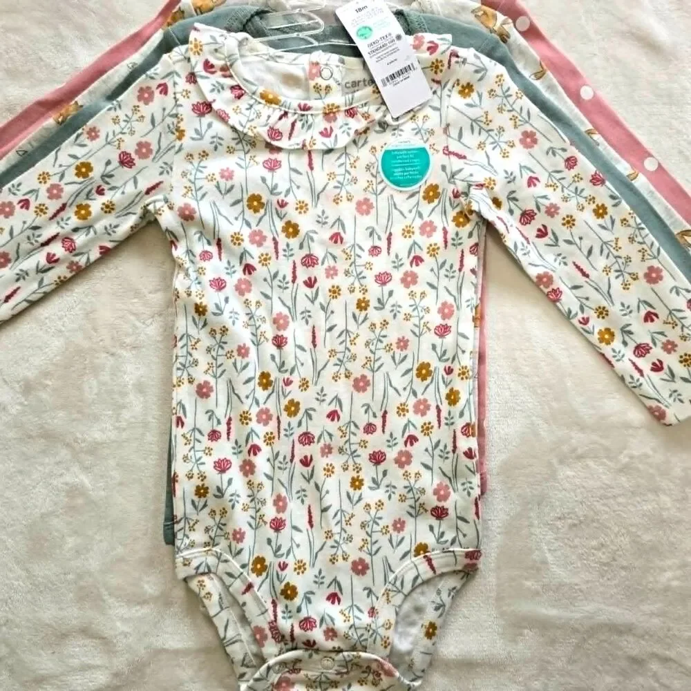 Carter’s Baby Girl 4‑Piece Bodysuit Fox, Floral, Pink & Green Size 18 Months